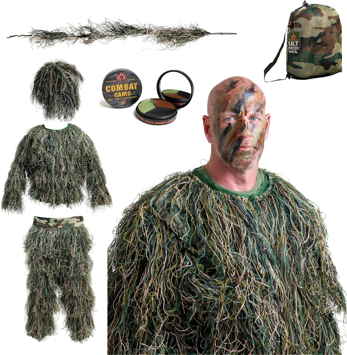 Arcturus Ultra-Lite Ghillie Suit | Includes Bonus 3-Color Face Paint | Camouflage Hunting & Sniper Suit for Men