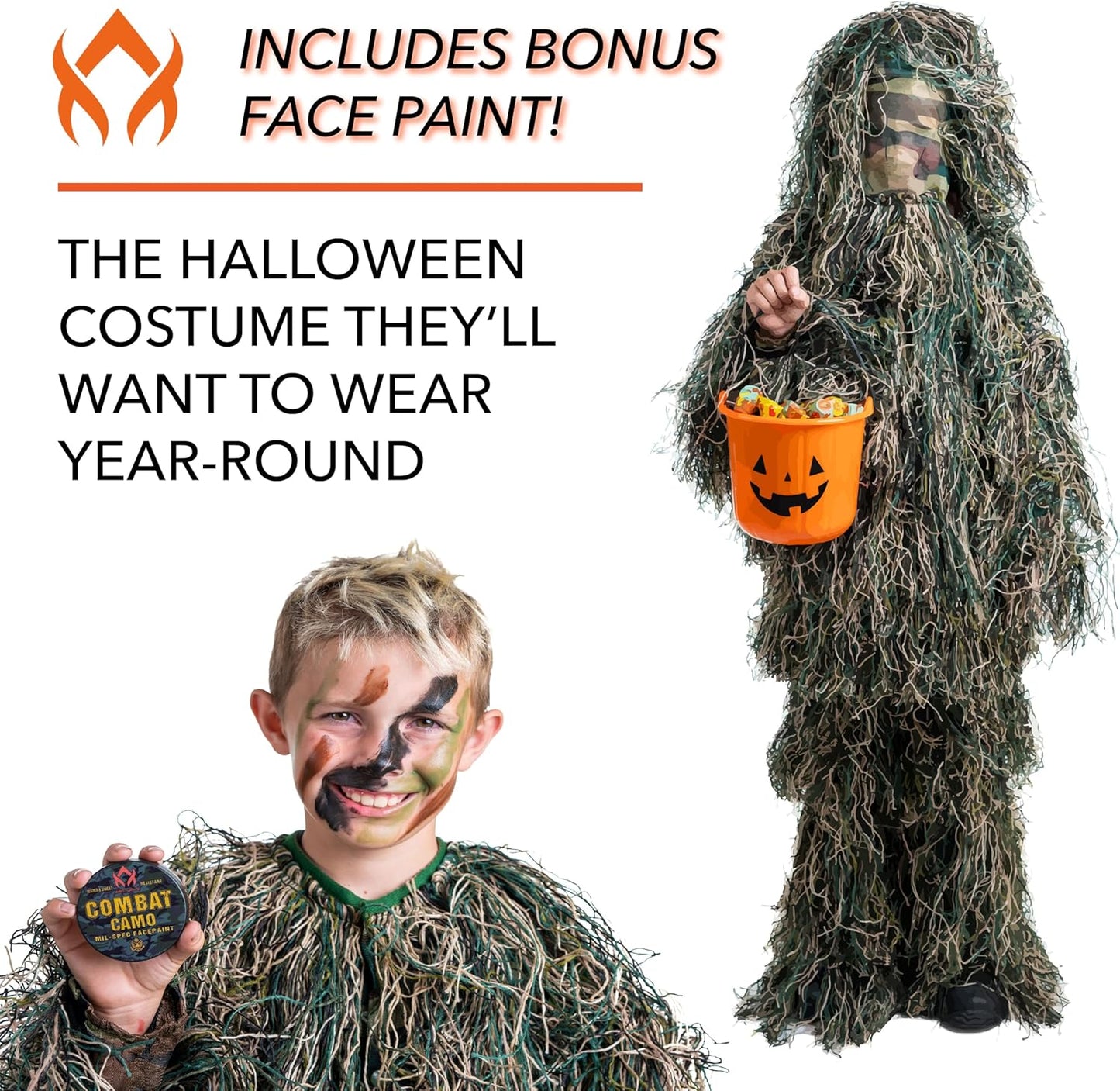 Arcturus Ultra-Lite Kids Ghillie Suit | Includes 3-Color Camo Face Paint| Halloween Costume - Army | Sniper | Bush Costume | Hunting & Airsoft for Children