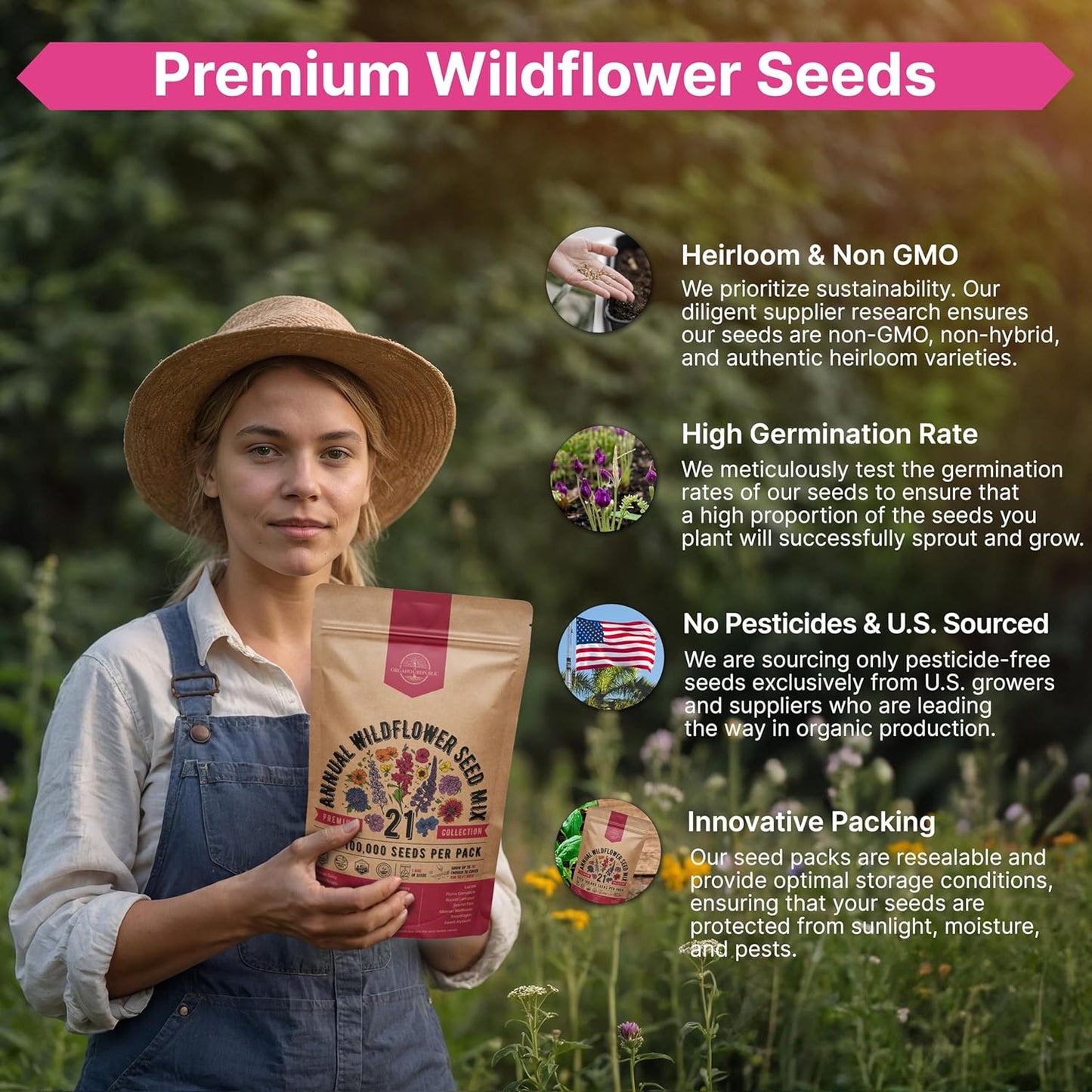 Organo Republic 16 Perennial Wildflower Seeds Mix for Indoor & Outdoors. 100,000+ Non-GMO, Heirloom Wildflower Garden Seeds, 4oz Packet for Growing Wild Flowers to Attract Bees, Butterflies & Birds