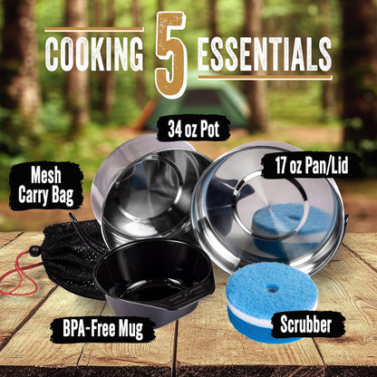 Stainless Steel Mess Cooking Kit by Ready Hour - 5 Piece Compact Survival Cookware Set with Pot Pan Mug Scrubber and Carry Bag. Camping, Survival, Backpacking, Outdoor Cooking.