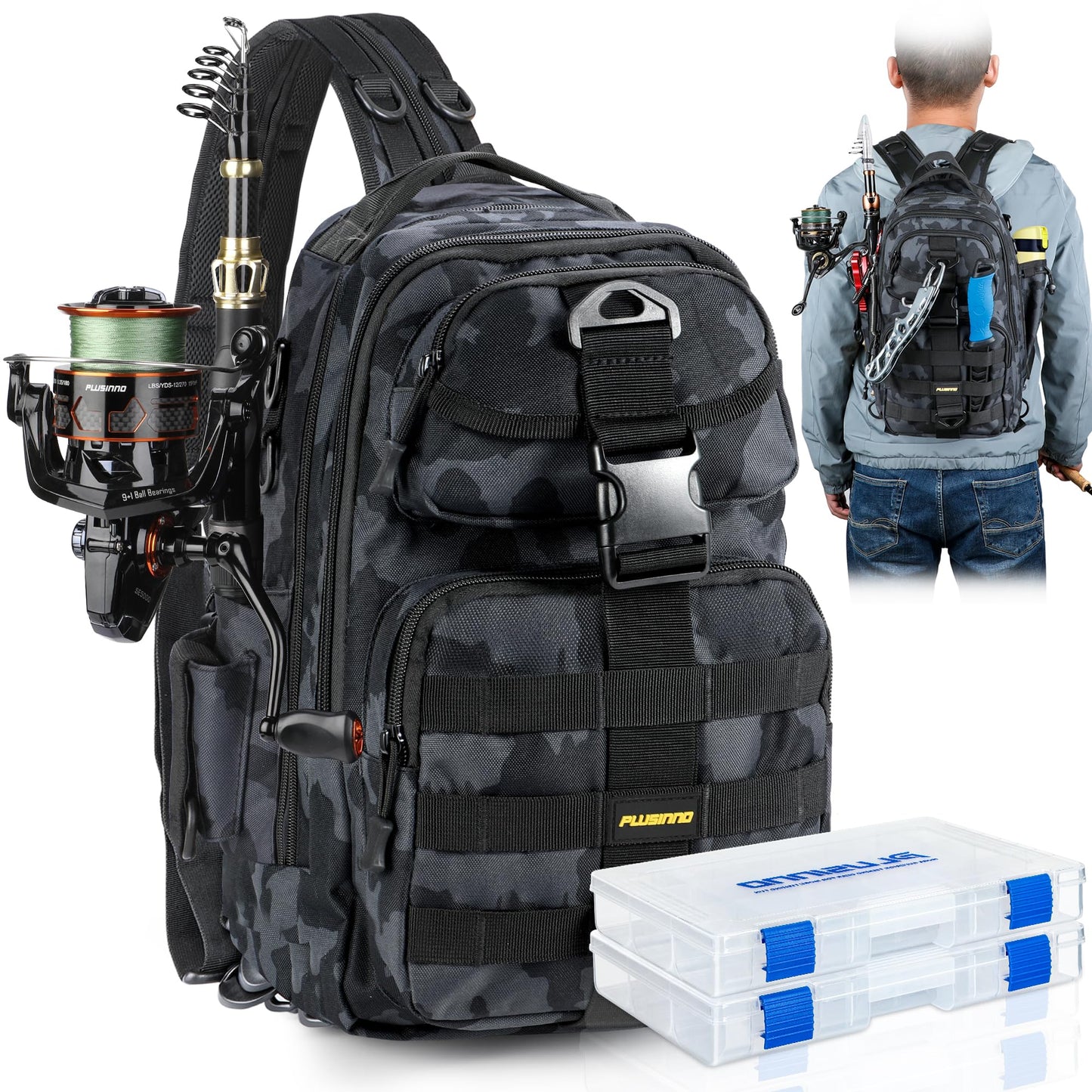PLUSINNO Fishing Backpack with Fishing Rod and Reel Combos Tackle Boxes, Waterproof Tackle Backpack for Fishing Gear with Rod Holder, Fishing Gifts for Men with Fishing Tool Kit...