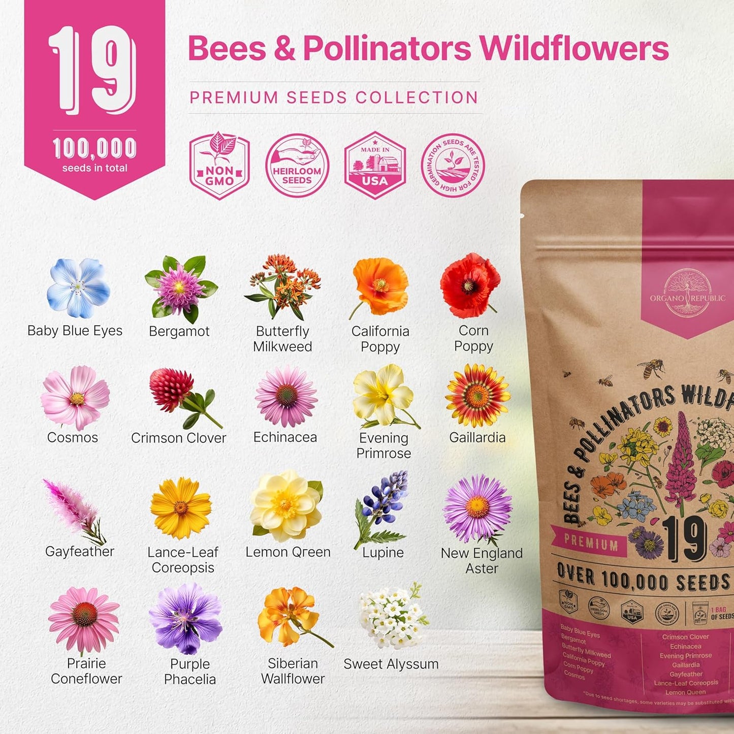 Organo Republic 16 Perennial Wildflower Seeds Mix for Indoor & Outdoors. 100,000+ Non-GMO, Heirloom Wildflower Garden Seeds, 4oz Packet for Growing Wild Flowers to Attract Bees, Butterflies & Birds