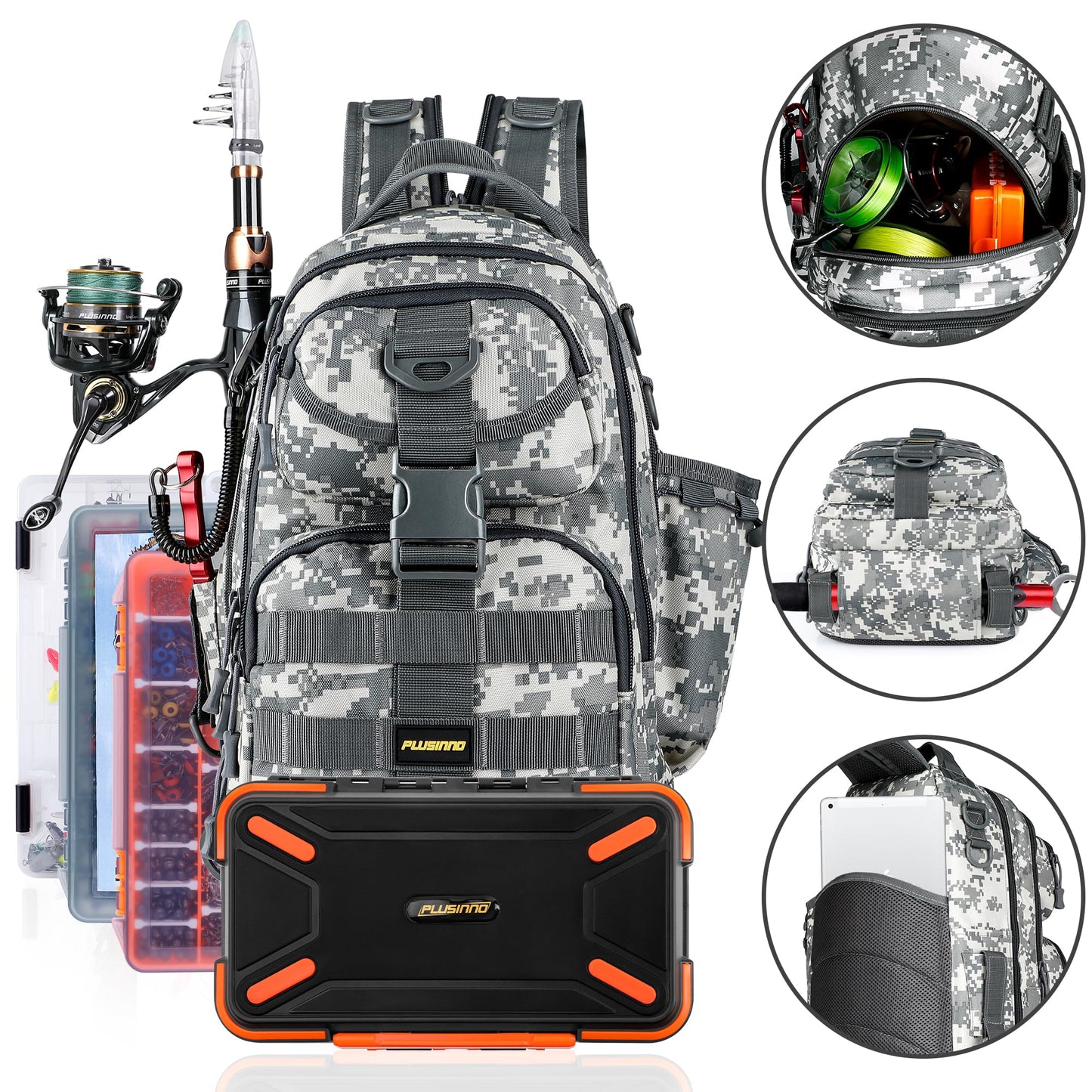 PLUSINNO Fishing Backpack with Fishing Rod and Reel Combos Tackle Boxes, Waterproof Tackle Backpack for Fishing Gear with Rod Holder, Fishing Gifts for Men with Fishing Tool Kit...