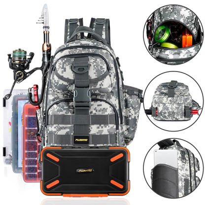 PLUSINNO Fishing Backpack with Fishing Rod and Reel Combos Tackle Boxes, Waterproof Tackle Backpack for Fishing Gear with Rod Holder, Fishing Gifts for Men with Fishing Tool Kit...