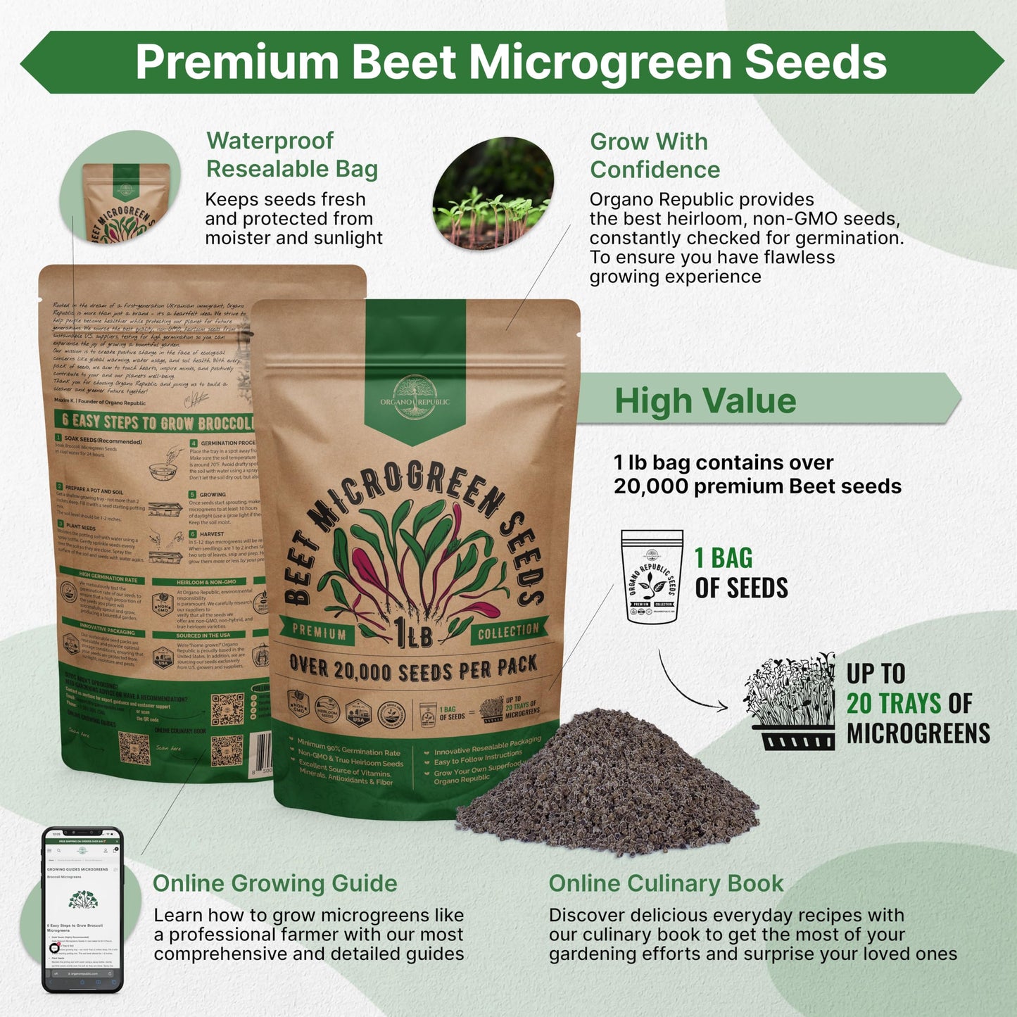 Organo Republic Broccoli Sprouting & Microgreens Seeds - Non-GMO, Heirloom Sprout Seeds Kit, 1lb Resealable Bag for & Growing Microgreens in Soil, Coconut Coir, Aerogarden & Hydroponic