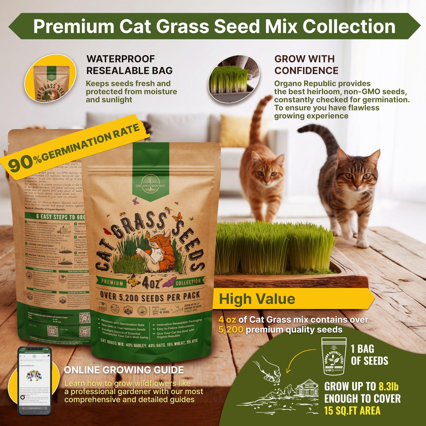Organo Republic Cat Grass Seeds Mix - 20,800 Non-GMO Heirloom Seeds for Cats & Pets, 16 oz Pack for Growing Fresh Barley, Oat, Rye & Wheat Grass Seeds for Planting, Indoor Plants, Hairball Remedy