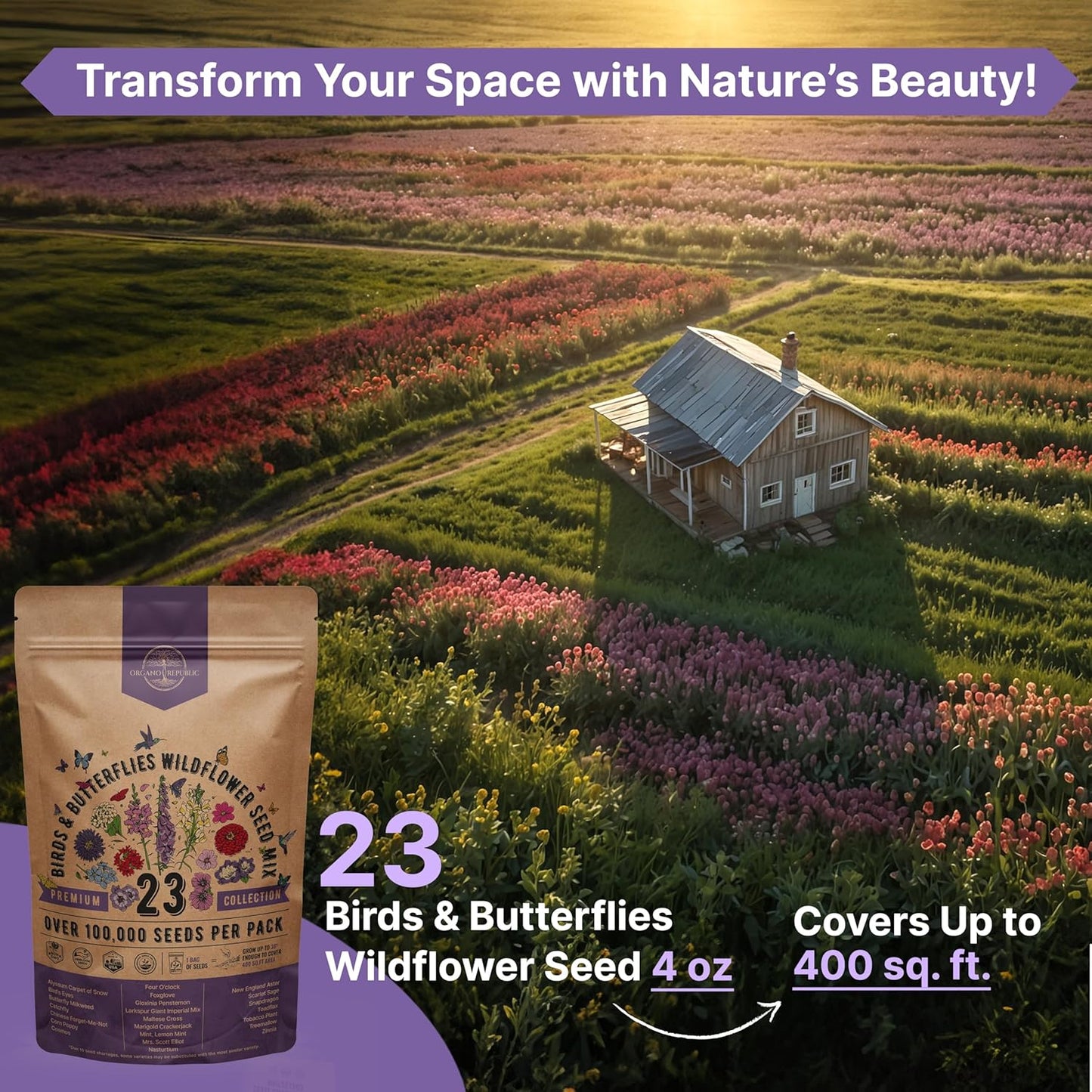 Organo Republic 16 Perennial Wildflower Seeds Mix for Indoor & Outdoors. 100,000+ Non-GMO, Heirloom Wildflower Garden Seeds, 4oz Packet for Growing Wild Flowers to Attract Bees, Butterflies & Birds