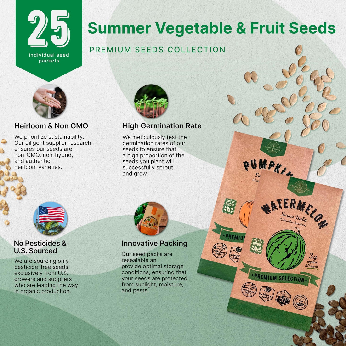 Organo Republic 25 Winter Vegetable & Green Seeds Variety Pack for Outdoors & Indoor Home Gardening 27670+ Non-GMO Heirloom Seeds: Broccoli Beet Carrot Collard Lettuce Radish Spinach Pea Kohlrabi