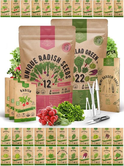 Organo Republic 12 Radish and 22 Lettuce & Salad Greens Seeds Variety Pack Bundle, 27,100+ Non-GMO Heirloom Garden Seeds for Planting Radishes, Lettuce, and Salad Greens for Indoor & Outdoor Gardening