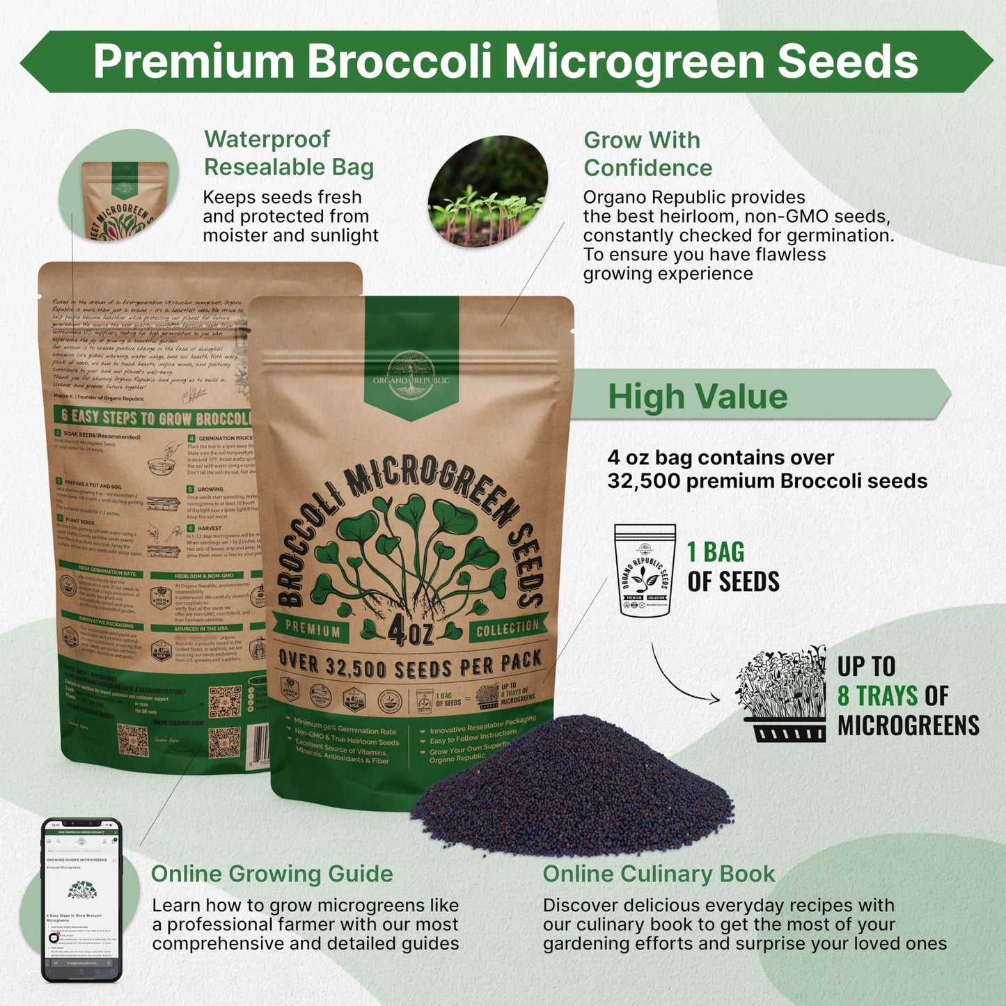 Organo Republic Broccoli Sprouting & Microgreens Seeds - Non-GMO, Heirloom Sprout Seeds Kit, 1lb Resealable Bag for & Growing Microgreens in Soil, Coconut Coir, Aerogarden & Hydroponic