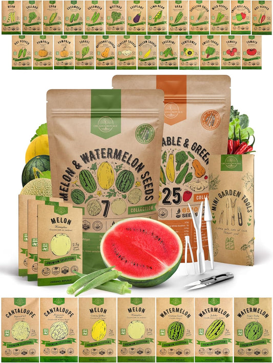 7 Melons and 25 Summer Vegetable & Greens Seeds Variety Pack Bundle, 7,000+ Non-GMO Heirloom Garden Seeds for Planting Vegetables and Melons for Indoor & Outdoor Gardening