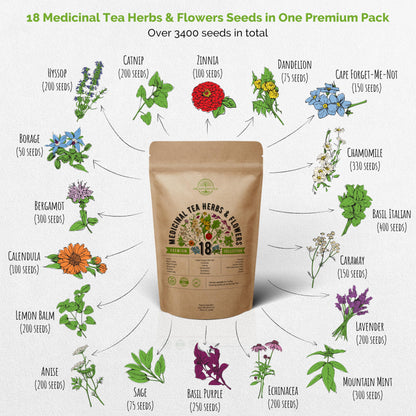 Organo Republic 18 Medicinal Tea Herb & Flower Seeds Variety Pack- Indoor/Outdoor. 3400+ Non-GMO Heirloom Flower Seeds: Anise, Bergamot, Calendula, Chamomile, Echinacea, Lavender Seeds & More