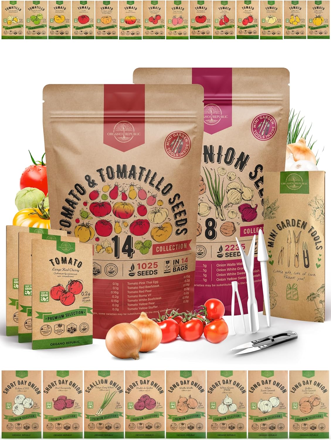 Organo Republic 14 Tomato Seeds & 8 Onion Seeds Variety Pack Bundle, 3,200+ Non-GMO Heirloom Garden Seeds for Planting Tomatoes and Onions for Indoor & Outdoor Gardening