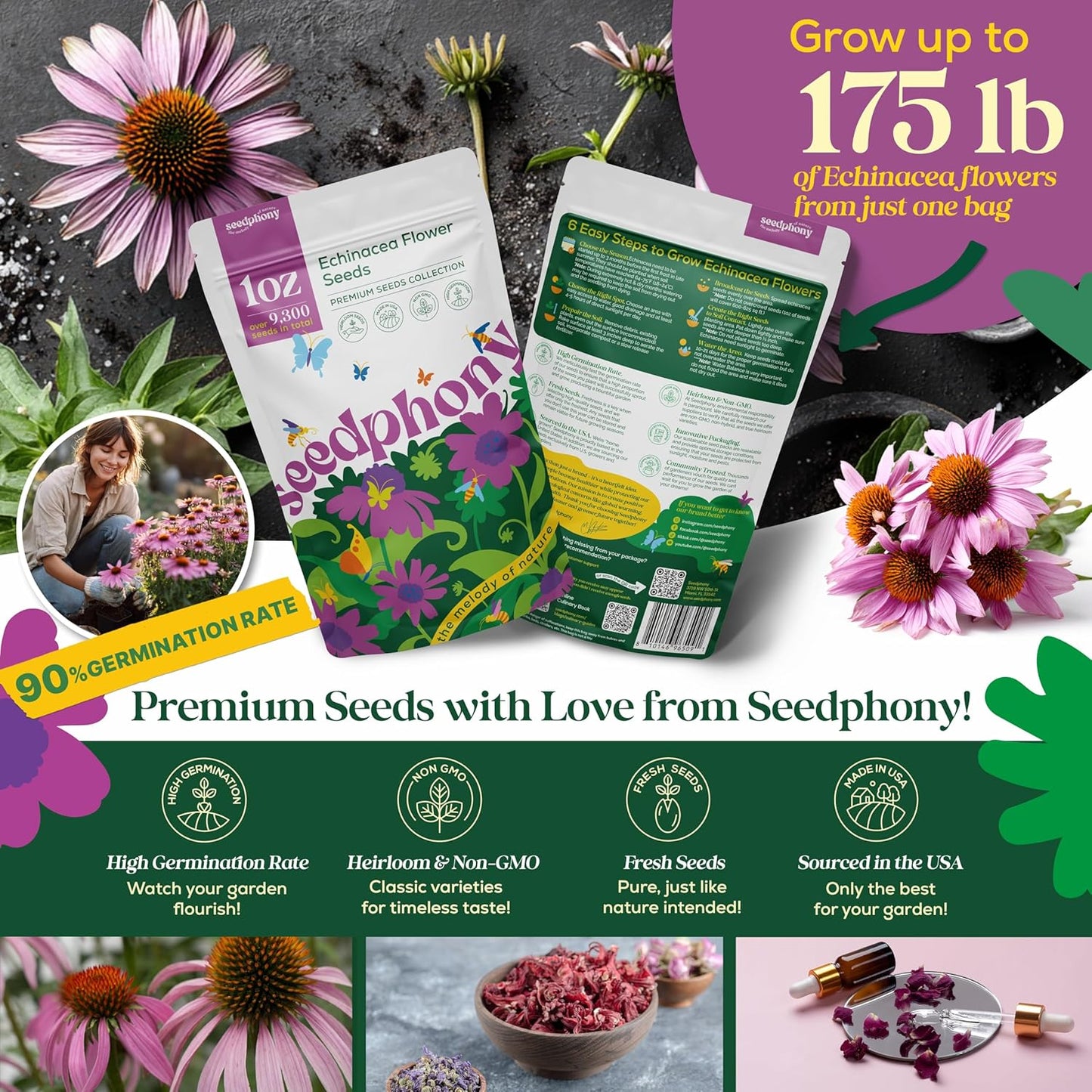 Echinacea Seed Pack 1 oz - 9,300 Non-GMO Heirloom Echinacea Seeds for Planting, Perennial Flowers in Waterproof Seed Packet, Coneflower Seeds for Planting Garden Indoor & Outdoor Gardening