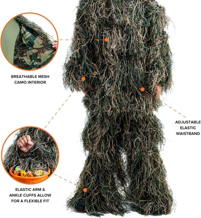 Arcturus Ultra-Lite Kids Ghillie Suit | Includes 3-Color Camo Face Paint| Halloween Costume - Army | Sniper | Bush Costume | Hunting & Airsoft for Children