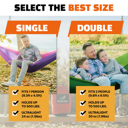 MalloMe Camping Hammock for Adults & Kids - Portable Hammocks for Outside - Hamacas para Adultos Outdoor Single & Double Two 2 Person Hammock - Hamaca/Hamacs/Amacas Heavy Duty Tree Travel Hamock