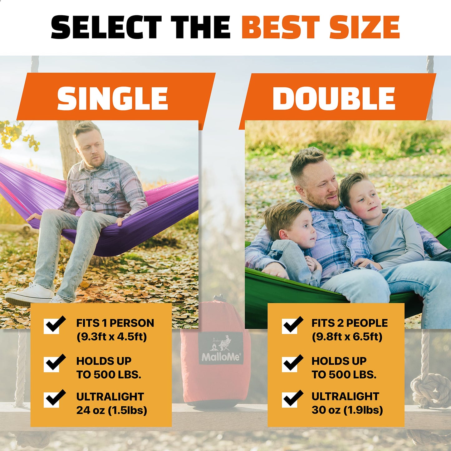 MalloMe Camping Hammock for Adults & Kids - Portable Hammocks for Outside - Hamacas para Adultos Outdoor Single & Double Two 2 Person Hammock - Hamaca/Hamacs/Amacas Heavy Duty Tree Travel Hamock