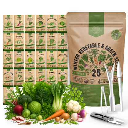 Organo Republic 25 Winter Vegetable & Green Seeds Variety Pack for Outdoors & Indoor Home Gardening 27670+ Non-GMO Heirloom Seeds: Broccoli Beet Carrot Collard Lettuce Radish Spinach Pea Kohlrabi