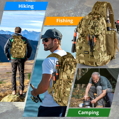 PLUSINNO Fishing Backpack with Tackle Boxes, Waterproof Fishing Sling Tackle Bag For Fishing Gear With Rod Holder, Fishing Gifts for Men With Fishing lures, Fishing pliers, Fish Lip Gripper.