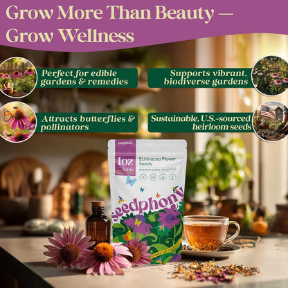 Echinacea Seed Pack 1 oz - 9,300 Non-GMO Heirloom Echinacea Seeds for Planting, Perennial Flowers in Waterproof Seed Packet, Coneflower Seeds for Planting Garden Indoor & Outdoor Gardening