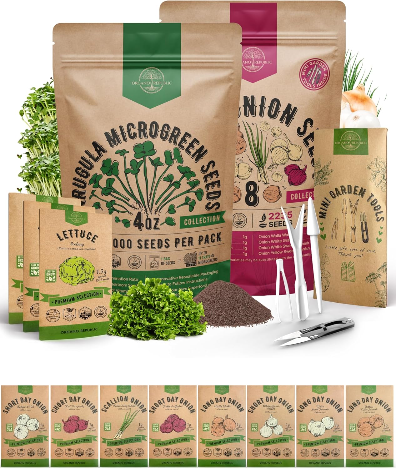 Organo Republic Arugula Sprouting 4 oz and 8 Onions Seeds Variety Pack Bundle, 57,200+ Non-GMO Heirloom Garden Seeds for Planting Microgreens & Onions for Indoor & Outdoor Gardening
