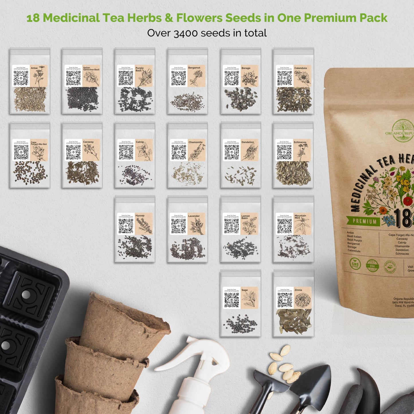 Organo Republic 18 Medicinal Tea Herb & Flower Seeds Variety Pack- Indoor/Outdoor. 3400+ Non-GMO Heirloom Flower Seeds: Anise, Bergamot, Calendula, Chamomile, Echinacea, Lavender Seeds & More