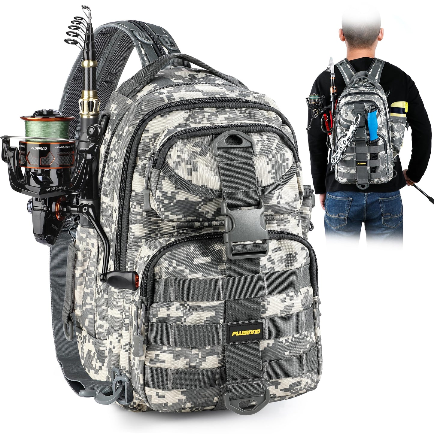PLUSINNO Fishing Backpack with Fishing Rod and Reel Combos Tackle Boxes, Waterproof Tackle Backpack for Fishing Gear with Rod Holder, Fishing Gifts for Men with Fishing Tool Kit...