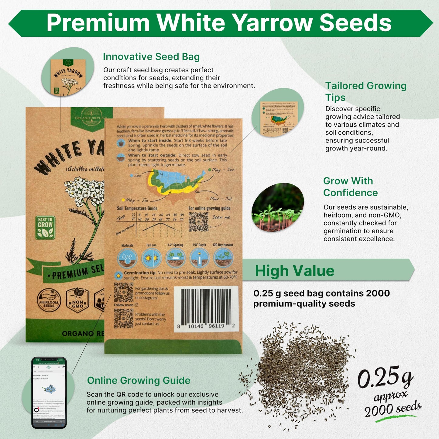 White Yarrow Seeds Pack 0.25 G - Over 2000 Non-GMO Heirloom Yarrow Seeds for Planting Herbs in Individual Seed Packet, Herbs Seeds for Planting Home Garden Indoor & Outdoor Gardening