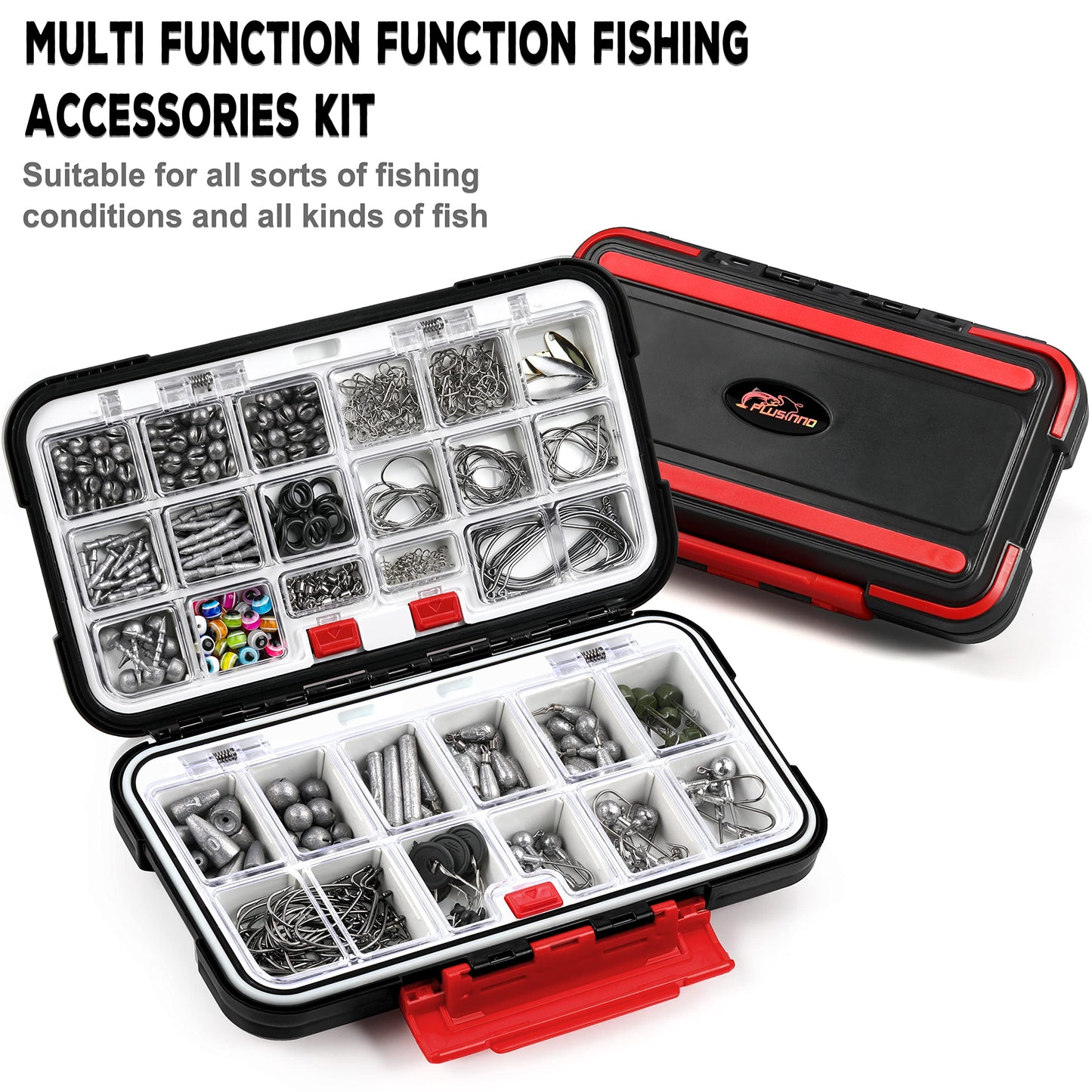 PLUSINNO 253/387pcs Fishing Gear Accessories Kit, Fishing Tackle Box with Tackle Included, Fishing Hooks, Fishing Weights Sinkers, Spinner Blade, Fishing Equipment for Bass Trout Bluegill Crappie