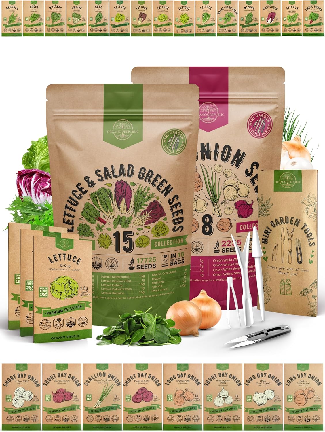 Organo Republic 15 Lettuce & Greens and 8 Onion Seeds Variety Pack Bundle, 19,975+ Non-GMO Heirloom Garden Seeds for Planting Lettuce, Greens, and Onions for Indoor & Outdoor Gardening