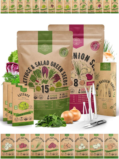 Organo Republic 15 Lettuce & Greens and 8 Onion Seeds Variety Pack Bundle, 19,975+ Non-GMO Heirloom Garden Seeds for Planting Lettuce, Greens, and Onions for Indoor & Outdoor Gardening