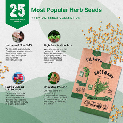 25 Most Popular Herb Seeds Variety Pack - 11,700 Non-GMO Heirloom Seeds for Planting Herbs in Individual Seed Packets for Hydroponic, Indoor & Outdoor Gardening
