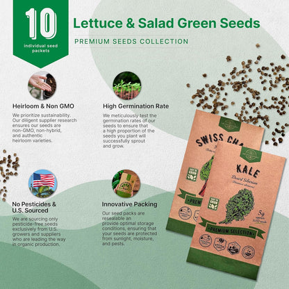 Organo Republic 22 Lettuce & Salad Greens Seeds Variety Pack 24,700+ Non-GMO Heirloom Lettuce Seeds for Indoor & Outdoor Garden, Hydroponics, Aerogarden - Arugula, Kale, Spinach, Swiss Chard, Lettuce