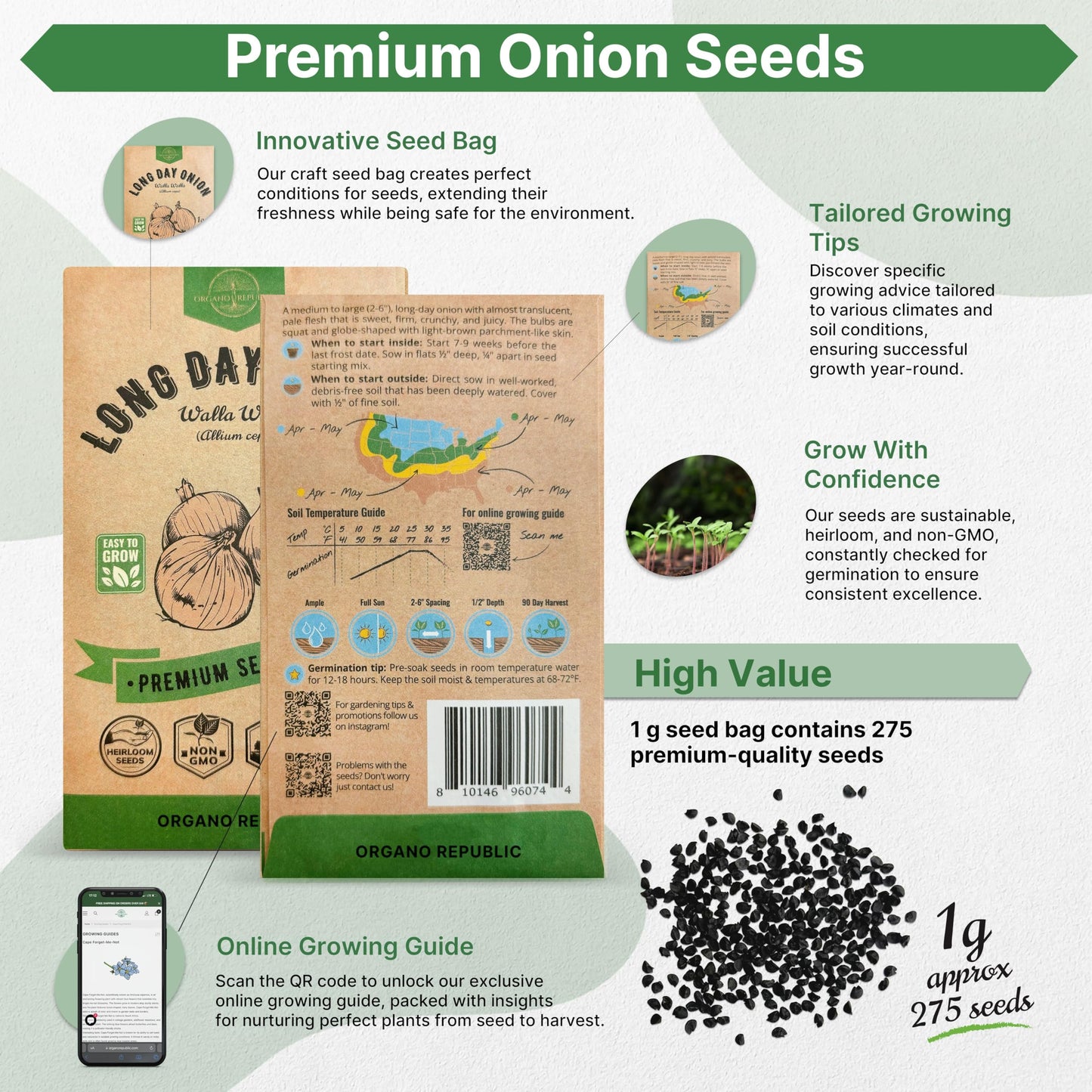 Onion Walla Walla Seeds Pack 1G - Over 275 Non-GMO Heirloom Onion Seeds for Planting Vegetables in Individual Seed Packet, Vegetable Seeds for Planting Home Garden Indoor & Outdoor Gardening