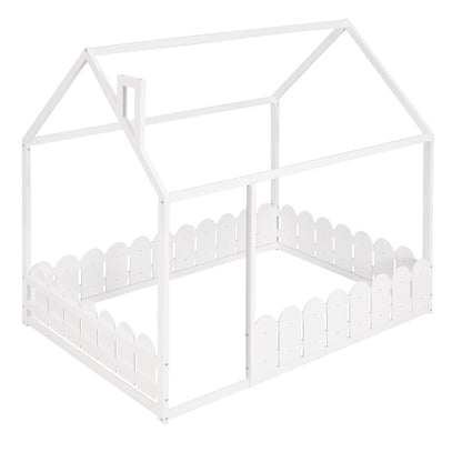 (Slats are not included) Full Size Wood Bed House Bed Frame with Fence for Kids Teens Girls Boys (White )