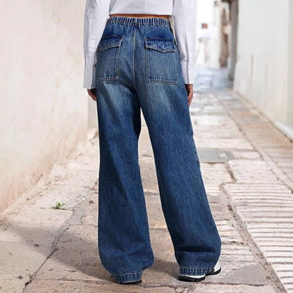 Mid waist wide leg pleated loose jeans women's street retro straight leg pants women