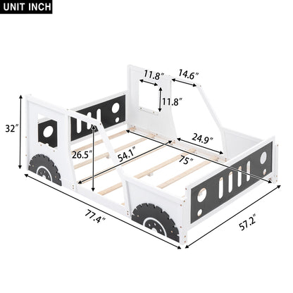 Full Size Classic Car-Shaped Platform Bed with Wheels White