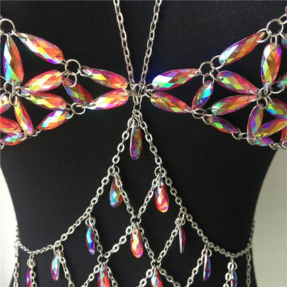 Queen Bling Metal Tassel Details Tank Tops Festival Rave Clothing Summer Sexy Backless Rave Body Chain Beach Tops