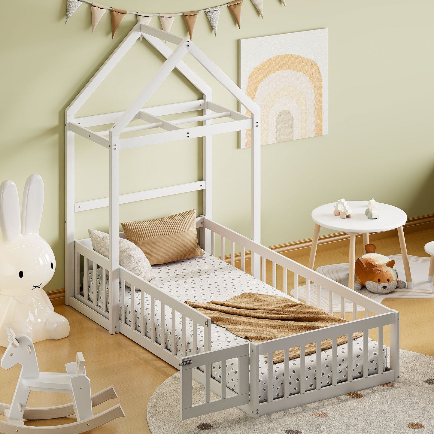 Wooden Twin Size Children's Bed with Detachable Headboard and Integrated Clothes Drying Rack, White