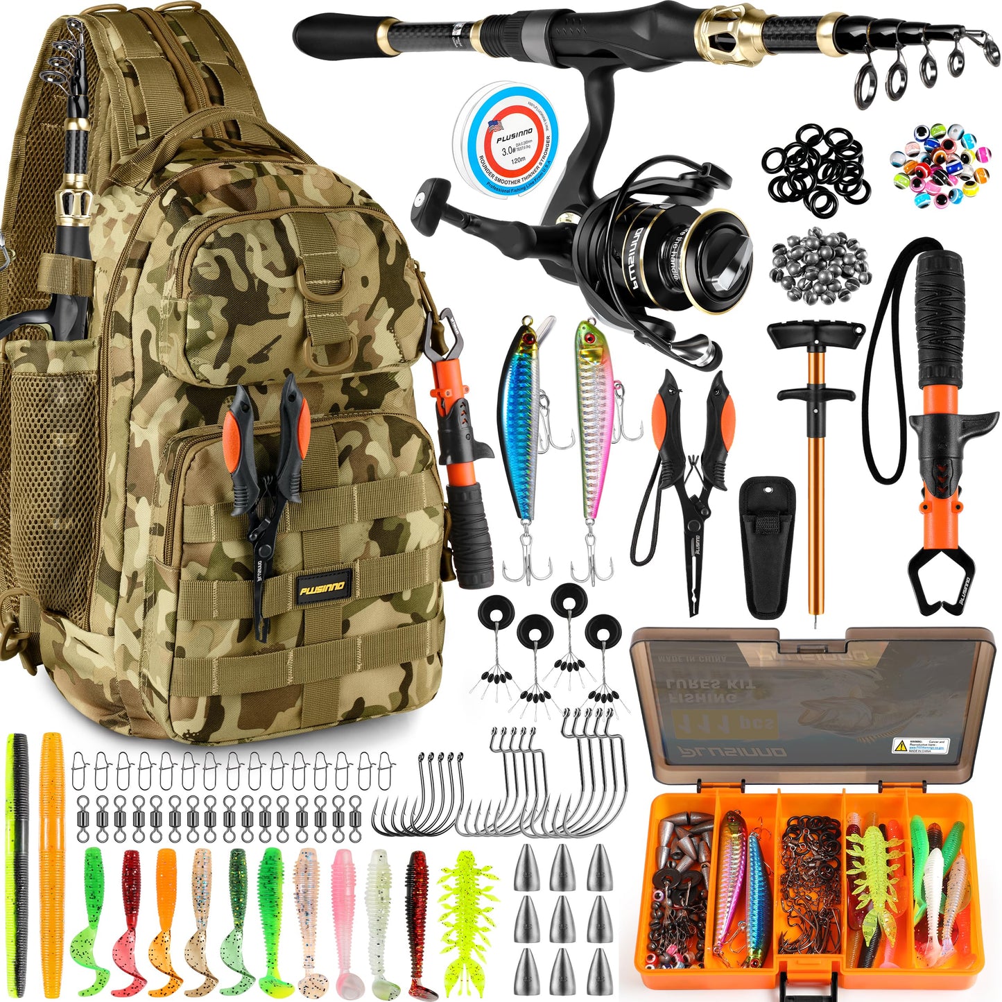 PLUSINNO Fishing Backpack with Fishing Rod and Reel Combos Tackle Boxes, Waterproof Tackle Backpack for Fishing Gear with Rod Holder, Fishing Gifts for Men with Fishing Tool Kit...