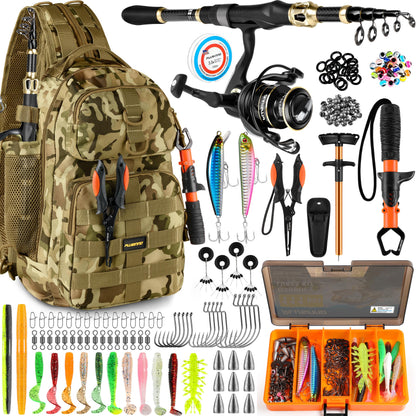 PLUSINNO Fishing Backpack with Fishing Rod and Reel Combos Tackle Boxes, Waterproof Tackle Backpack for Fishing Gear with Rod Holder, Fishing Gifts for Men with Fishing Tool Kit...