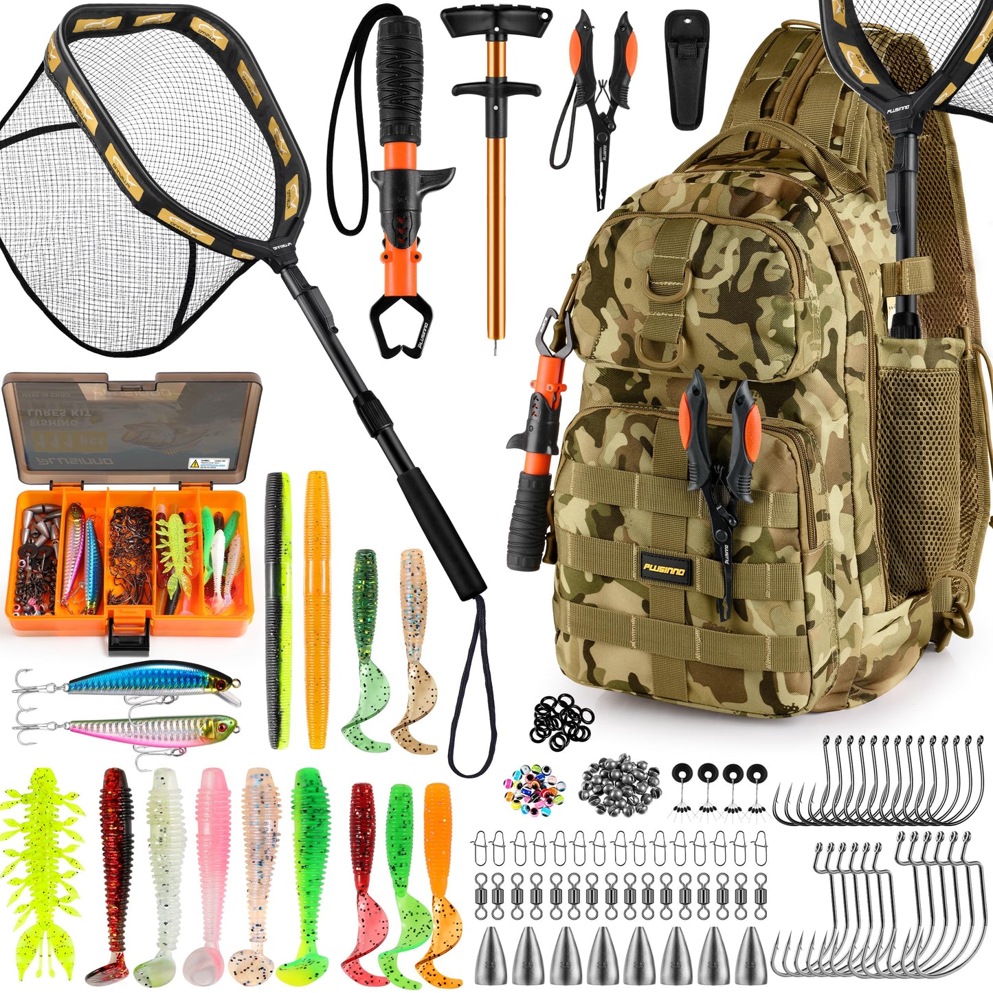 PLUSINNO Fishing Backpack with Tackle Boxes, Waterproof Fishing Sling Tackle Bag For Fishing Gear With Rod Holder, Fishing Gifts for Men With Fishing lures, Fishing pliers, Fish Lip Gripper.