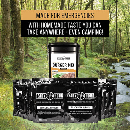 Ready Hour, Black Bean Burger Mix, Real Non-Perishable Recipe, 25-Year Shelf Life, Emergency and Adventure Food Supply, Includes 10 Resealable Pouches, 60 Servings