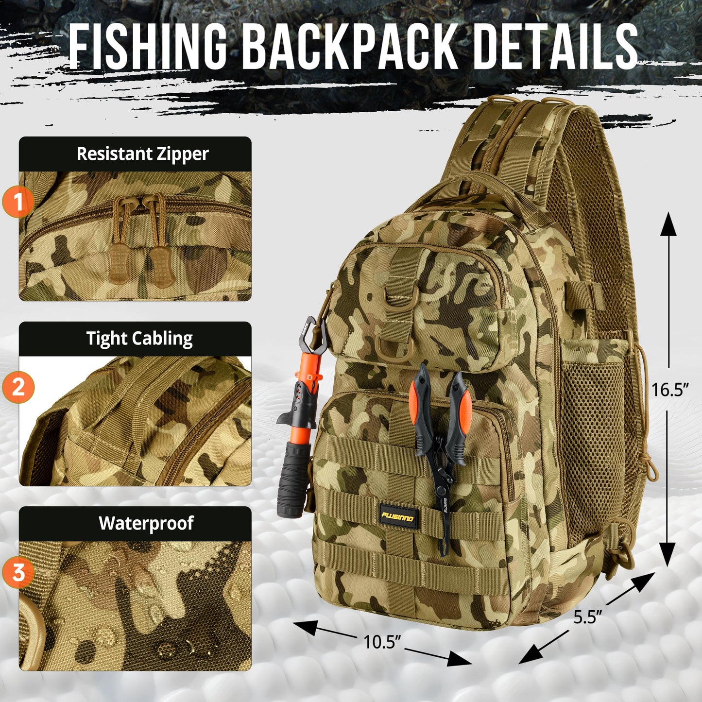PLUSINNO Fishing Backpack with Tackle Boxes, Waterproof Fishing Sling Tackle Bag For Fishing Gear With Rod Holder, Fishing Gifts for Men With Fishing lures, Fishing pliers, Fish Lip Gripper.