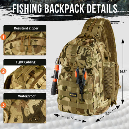 PLUSINNO Fishing Backpack with Tackle Boxes, Waterproof Fishing Sling Tackle Bag For Fishing Gear With Rod Holder, Fishing Gifts for Men With Fishing lures, Fishing pliers, Fish Lip Gripper.