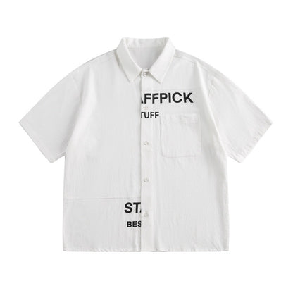 Alphabet Print Short Sleeve Shirt Workwear Japanese Style Loose Casual Design Summer Collar Shirt Men's Trendy