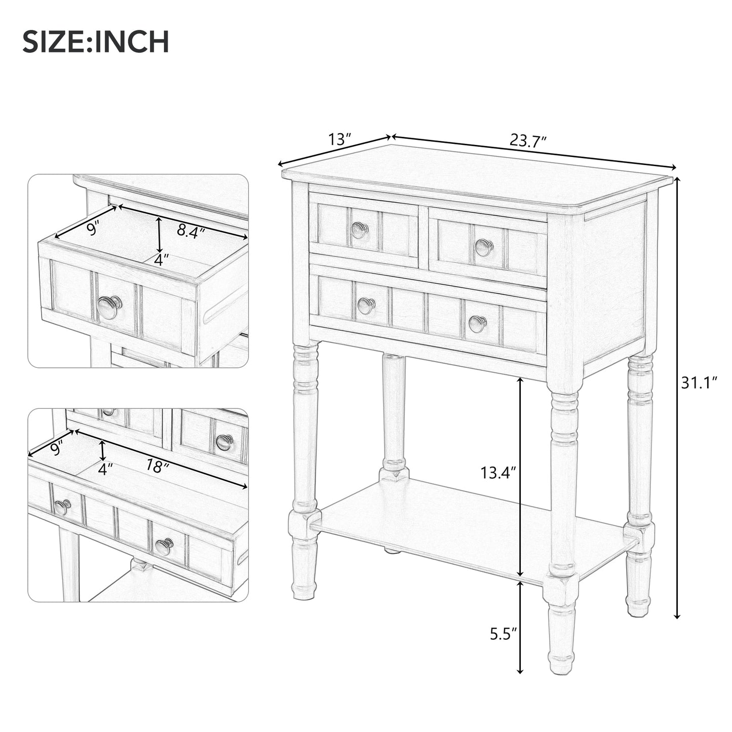 TREXM Narrow Console Desk, Ultra Thin Sofa Table with Three Storage Drawers and Living Room Bottom Shelves (Espresso)