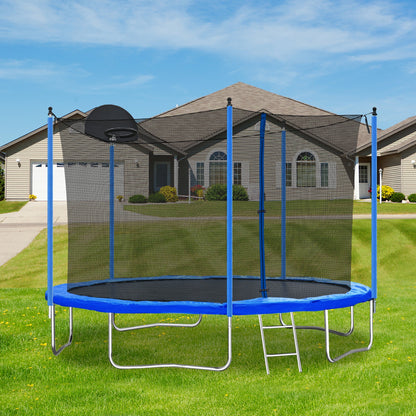 12FT Trampoline for Adults & Kids with Basketball Hoop, Outdoor Trampolines w/Ladder and Safety Enclosure Net for Kids and adult
