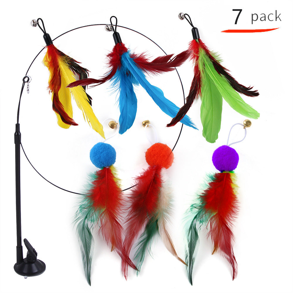 Suction cup cat toy stick that can be attached and held with steel wire multi head interchangeable cat toy and pet supplies