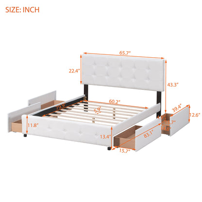 Upholstered Platform Bed with Classic Headboard and 4 Drawers No Box Spring Needed Linen Fabric Queen Size White